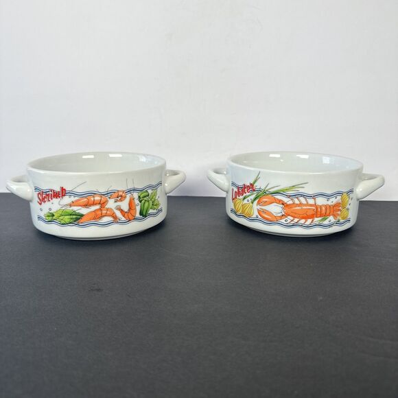 2 Prejecting 2500‎ Limited Bowls With Handles Soup Chowder Dish SHRIMP & LOBSTER - Picture 1 of 14